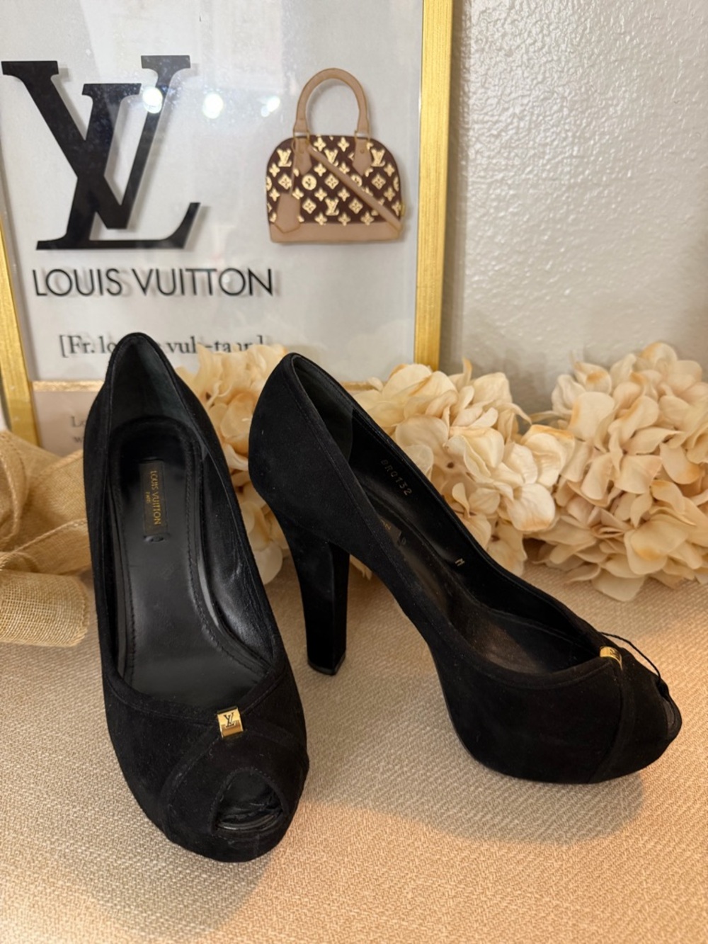 Louis Vuitton Black Suede Peep-Toe Platform Heels with Gold Accent